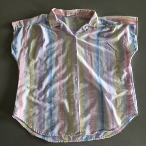 Laura Mae Vintage‎ Pastel Rainbow Stripe Ruffle Textured Button Down Shirt XL